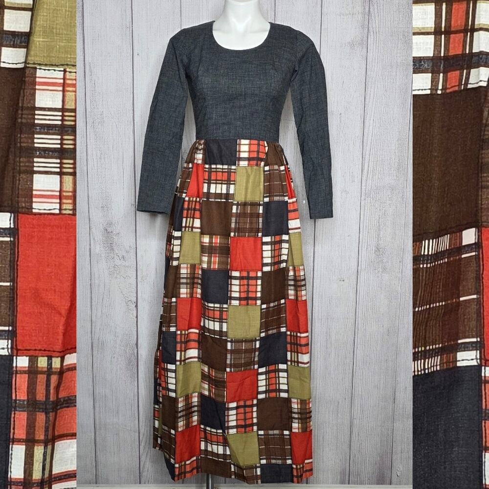 VTG 70s Vicky Vaughn Juniors Patchwork Fall Plaid Prairie Maxi Dress, Sz Small